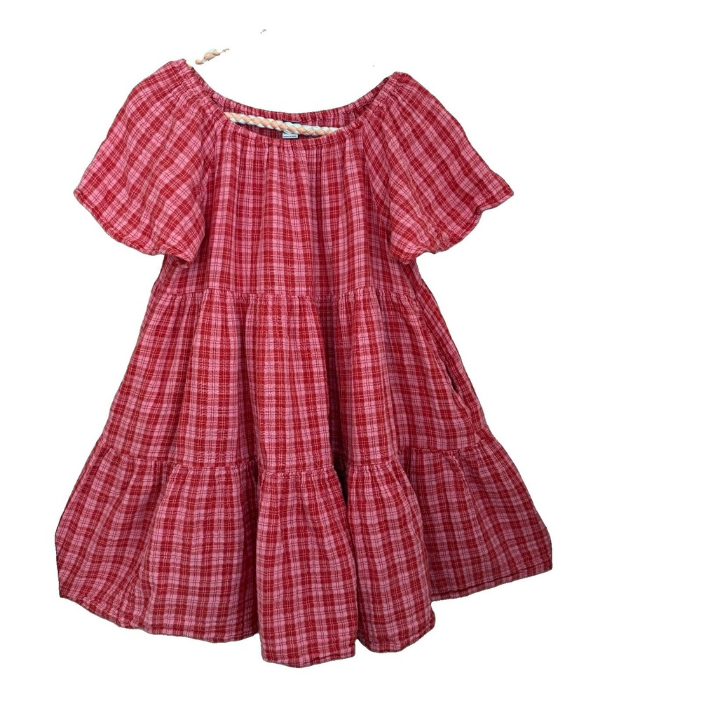 Old Navy Girls SS Tiered Swing Dress Size Plus XL 14-16 Pink Plaid Cottage Boho